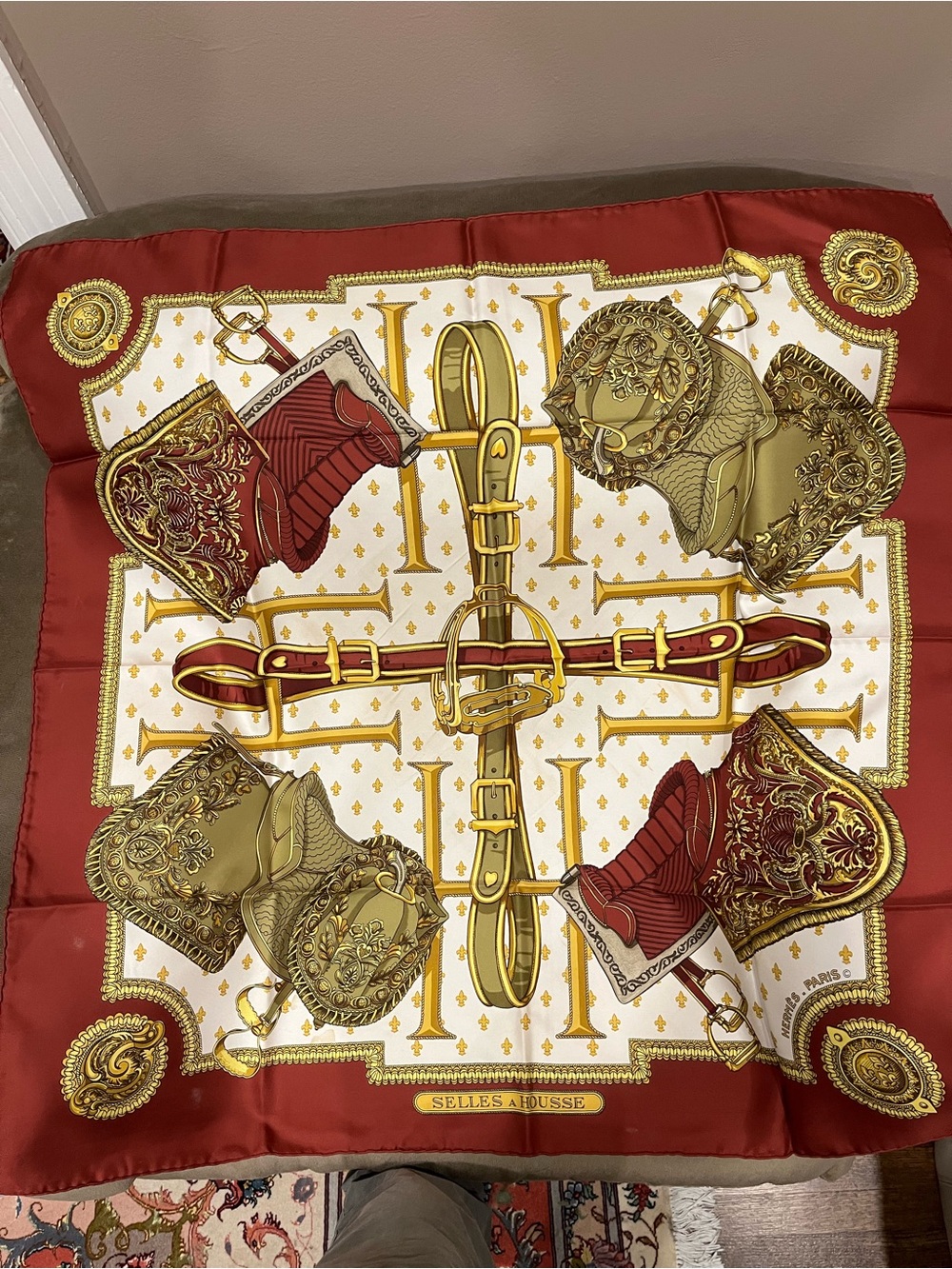 Hermes Red, Gold and Cream Equestrian Motif Silk Scarf